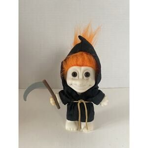 Vintage Russ Troll Grim Reaper Halloween Orange Hair & Scythe Sickle Toy Doll